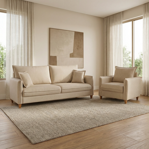 Kit Conjunto Sofá Living Córdoba e Uma Poltrona Tecido Linho Cru 1,80m