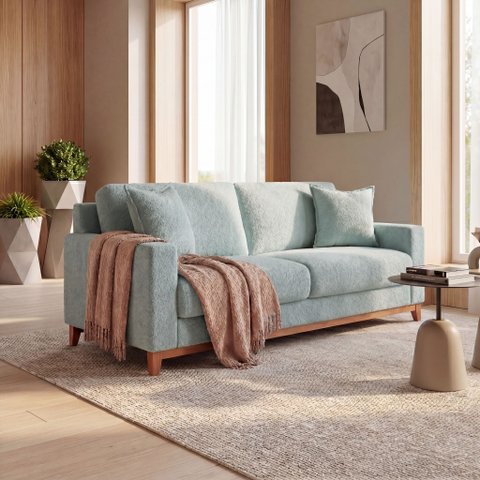 Sofá Living Vintage 3 Lugares 200cm em Boucle Slim Azul Bebê