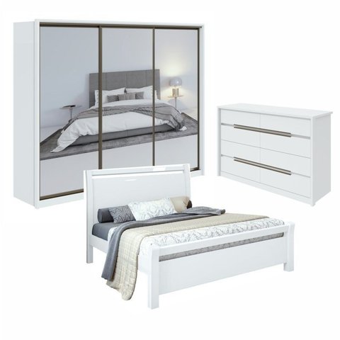 Kit Quarto Casal 3 Peças com Guarda-Roupa Spazio Cômoda Urban e Cama Reali Branco