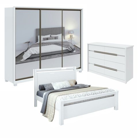 Kit Quarto Casal 3 Peças com Guarda-Roupa Spazio Cômoda Urban e Cama Reali Branco