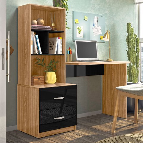 Escrivaninha Cristal 2 Gavetas 4 Nichos Nature/preto - Peternella Móveis