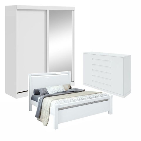 Kit Quarto Casal 3 Peças com Guarda-Roupa Cômoda e Cama Reali Branco
