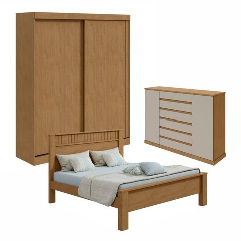 Kit Quarto Casal 3 Peças com Guarda-Roupa Zeine Cômoda Vedra e Cama Athenas Marrom Amêndoa Clean/Off White
