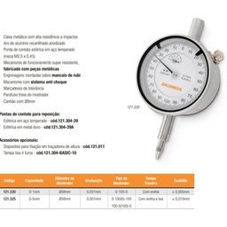 Relógio Comparador - Cap. 0-5mm - Graduação de 0,001mm - Diâmetro do Mostrador Ø58mm Tampa - 3