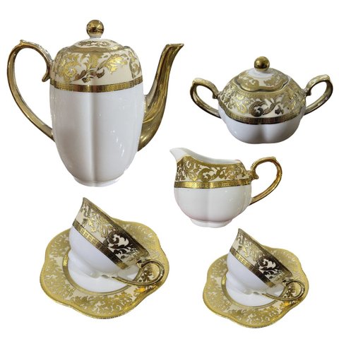 Jogo de Xicaras para Chá e Café da Tarde em Porcelana Branco com Dourado 30 Peças