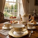 Ver imagem 2 de Jogo de Xicaras para Chá e Café da Tarde em Porcelana Branco com Dourado 30 Peças