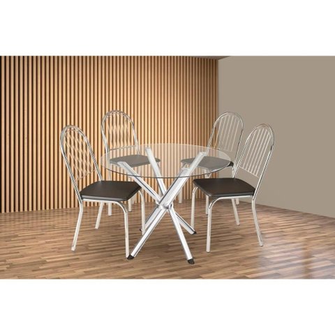 Conjunto: Mesa de Cozinha Volga C/ Tampo de Vidro 95cm e 4 Cadeiras Noruega Cromada - Courano Preto