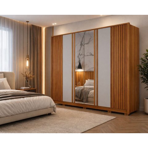 Guarda Roupa Grande MDF Ripado Espelho 6 Portas Premium Arbo