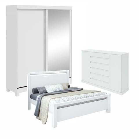 Kit Quarto Casal 3 Peças com Guarda-Roupa Zeine Cômoda Vedra e Cama Reali Branco