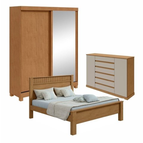 Kit Quarto Casal 3 Peças com Guarda-Roupa Zeine Cômoda Vedra e Cama Athenas Marrom Amêndoa Clean/Off White