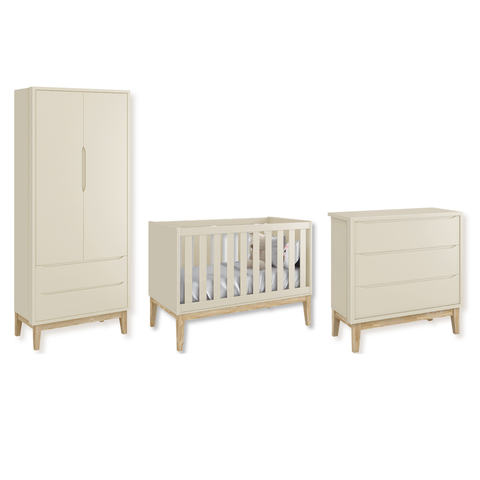 Quarto de Bebê Berço + Cômoda + Guarda Roupa Areia Classic Madeira Natural