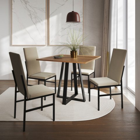 Conjunto de Jantar Mesa Mônaco Premium 90cm Imbuia com 4 Cadeiras Estofadas Bege