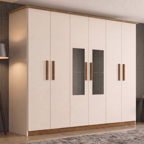 Guarda-Roupa Casal 6 Portas 3 Gavetas com Espelho Cover Off White/Nature