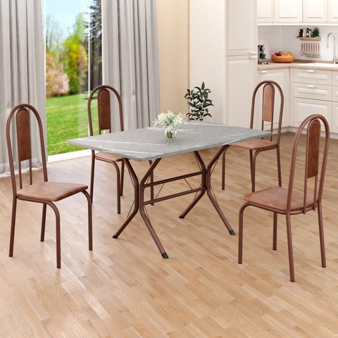 Conjunto Sala de Jantar Mesa Retangular 100x60cm Tampo Granito Topázio 4 Cadeiras Linda Yescasa Marrom