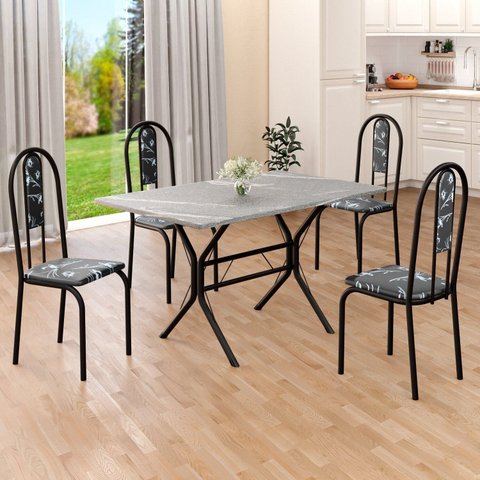 Conjunto Sala de Jantar Mesa Retangular 100x60cm Tampo Granito Topázio 4 Cadeiras Linda Yescasa Preto/Floral/Fosco