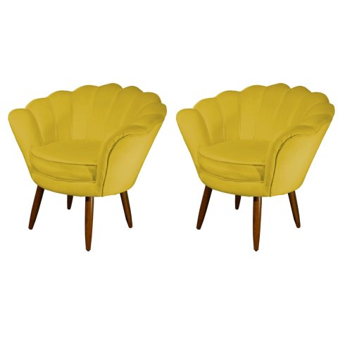 Kit 2 Poltronas Decorativa Pétala Couro Amarelo Pés Madeira Ms Decor
