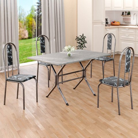 Conjunto Sala de Jantar Mesa Retangular 100x60cm Tampo Granito Topázio 4 Cadeiras Linda Yescasa Prata/Preto Floral