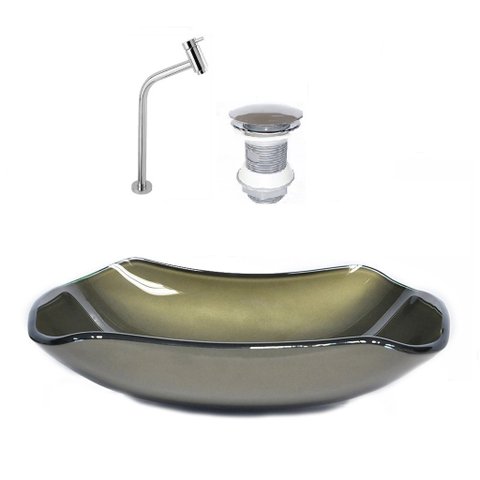 CUBA DE VIDRO ABAULADA 45CM OURO ENVELHECIDO + VALVULA + TORNEIRA