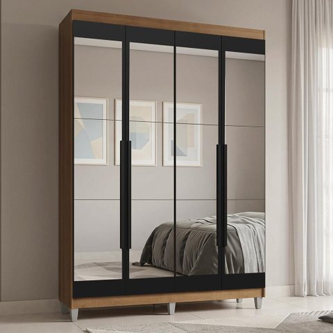 Guarda-Roupa Solteiro com Pés 4 Portas Batentes com Espelhos Rustic/Preto/Preto Saturno Madesa