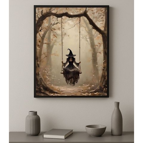 Quadro Decorativo Fotografia Bruxa no Balanço 24x18cm - com Vidro:moldura Preta
