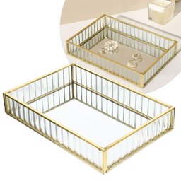 Bandeja Vidro Metal Dourado Decoração Maquiagem 20x15cm - 1
