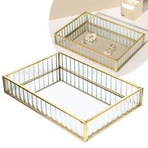 Bandeja Vidro Metal Dourado Decoração Maquiagem 20x15cm