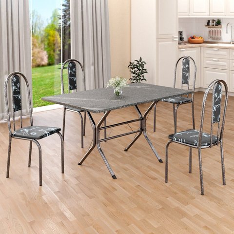 Conjunto Sala de Jantar Mesa Retangular 120x75cm Tampo Granito Topázio 4 Cadeiras Linda Yescasa Prata/Preto Floral