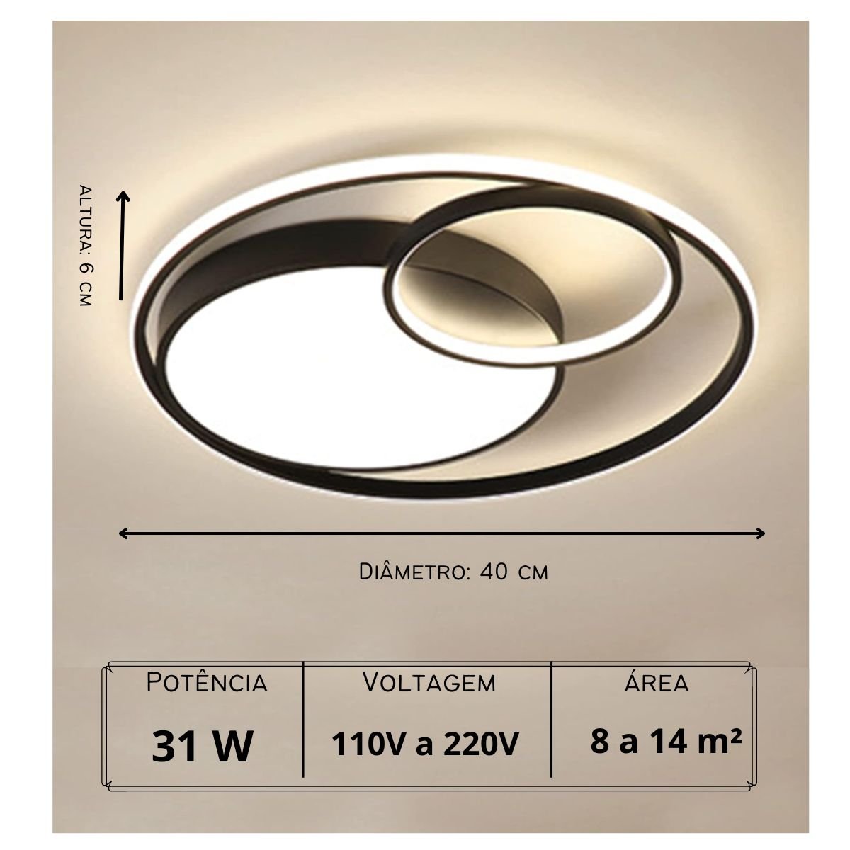 Luminária de Led de Sobrepor Redonda Bivolt 31w 3 em 1 com Luz Central Dupla:preto - 8