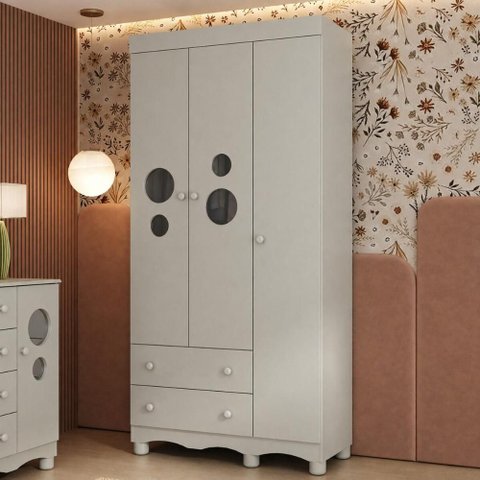 Guarda-Roupa Infantil 92cm com Vidro 3 Portas e 2 Gavetas Suspiro Multimóveis MP4457 - Off White