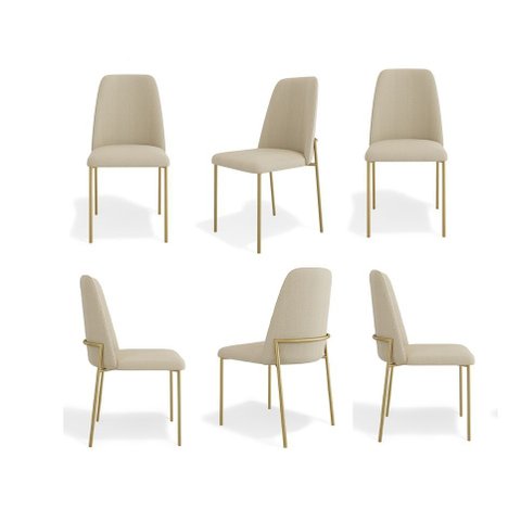 Kit 6 Cadeiras Estofadas Lucy Aço Dourado Linho Bege