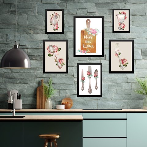Kit Composição 6 Quadros Cozinha Vintage - Flores - com Vidro:moldura Preta