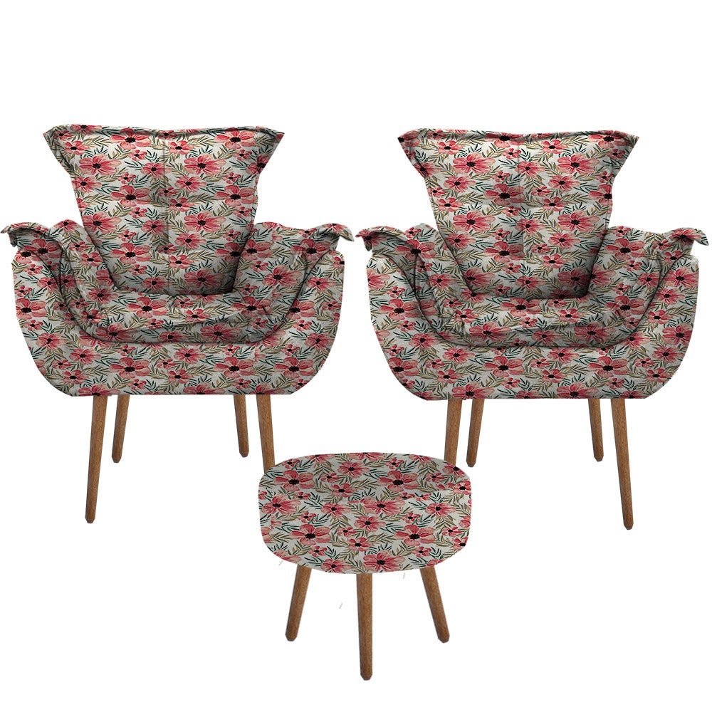 Kit 2 Poltronas Decorativas Opala com Puff Redondo para Sala de Estar Suede