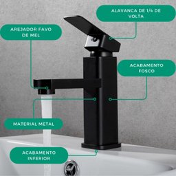 Torneira Bancada Monocomando C/ Misturador P/ Banheiro Lavabo Quadrada Estilo Industrial Preta - 4