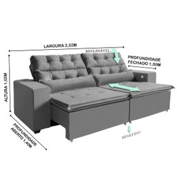 Sofá 4 Lugares América Retrátil, Reclinável 2,52 Metros, Tecnologia Carregamento 3 portas USB Cinza - 4
