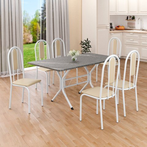 Conjunto Sala de Jantar Mesa Retangular 140x75cm Tampo Granito Topázio 6 Cadeiras Linda Yescasa Branco/Creme