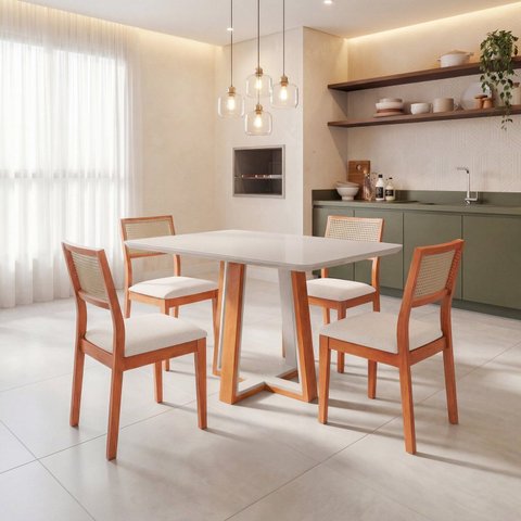 Conjunto Mesa Viena com 4 Cadeiras Madeira Maciça Estofad de Fibra Maya Espresso Móveis Off White/Ch
