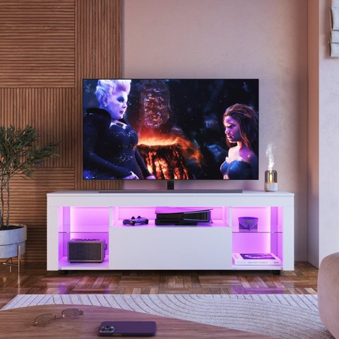 Rack para TV até 60 Polegadas com LED 160cm Gamer 1 Gaveta 2 Prateleiras em Vidro Yescasa Branco