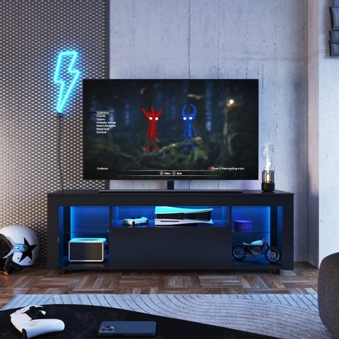 Rack para TV até 60 Polegadas com LED 160cm Gamer 1 Gaveta 2 Prateleiras em Vidro Yescasa Preto