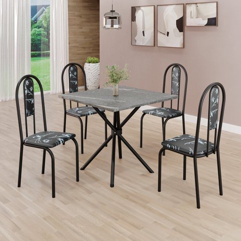 Conjunto Sala de Jantar Mesa Quadrada 70x70cm Tampo Granito Topázio 4 Cadeiras Linda Yescasa Preto/Floral/Fosco