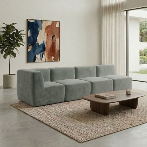 Sofá Modular Boucle Kit 4 Módulos Sofá Reto 3 Meios e 1 Canto Espuma Premium a Vácuo 3,08m - Cinza