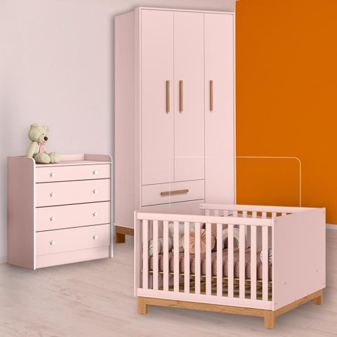 Conjunto Berço Mini Cama Slim, Cômoda Trocador e Guarda Roupa Slim Rosa