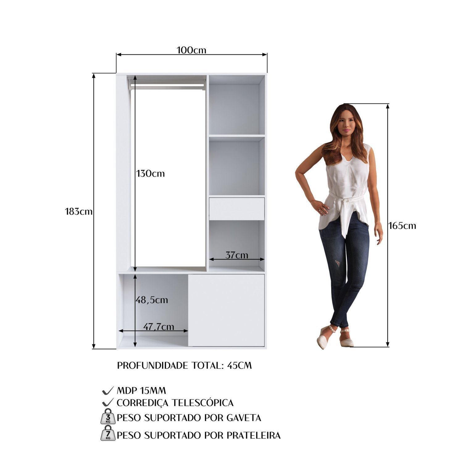 Guarda-roupa Closet com 1 Gaveta 1 Cabideiro 2 Prateleiras e 1 Porta Cl100 - 5