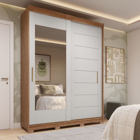 Guarda Roupa 160,10cm 2 Portas de Correr 3 Gavetas com Espelhos 100% MDF Dubai Espresso Móveis Off White/Cinamomo
