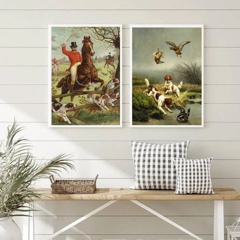 Kit 2 Quadros Decorativos Vintage Caçada Inglesa 45x34cm - com Vidro:madeira Preta