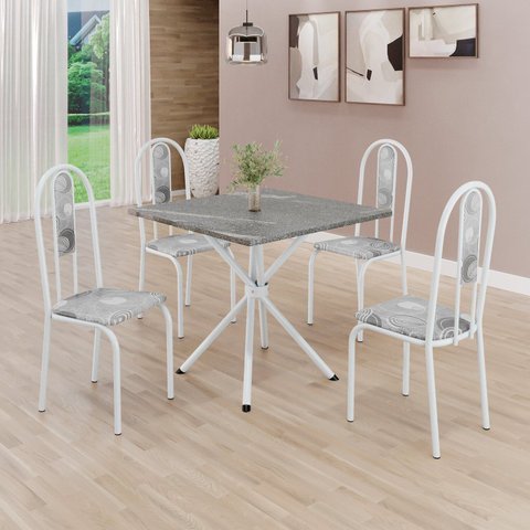 Conjunto Sala de Jantar Mesa Quadrada 70x70cm Tampo Granito Topázio 4 Cadeiras Linda Yescasa Branco/Paraopeba