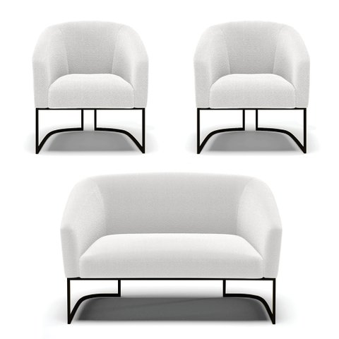 Sofá Namoradeira e 2 Poltronas Base Industrial Preto Stella Bouclê Off White D03 - D'Rossi