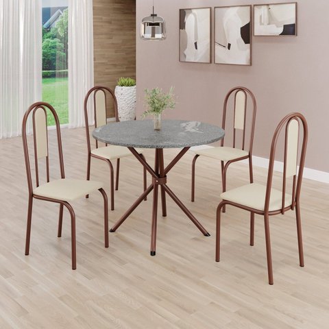 Conjunto Sala de Jantar Mesa Redonda 70cm Tampo Granito Topázio 4 Cadeiras Linda Yescasa Marrom/Creme