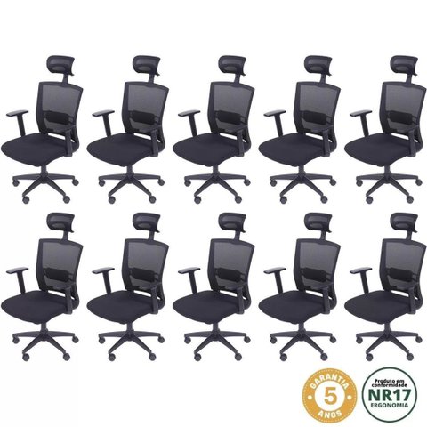 Kit 10 Cadeiras Escritorio Presidente Ergonômica NR17 Tela Mesh 3317 Preto