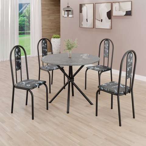Conjunto Sala de Jantar Mesa Redonda 70cm Tampo Granito Topázio 4 Cadeiras Linda Yescasa Preto/Floral/Fosco