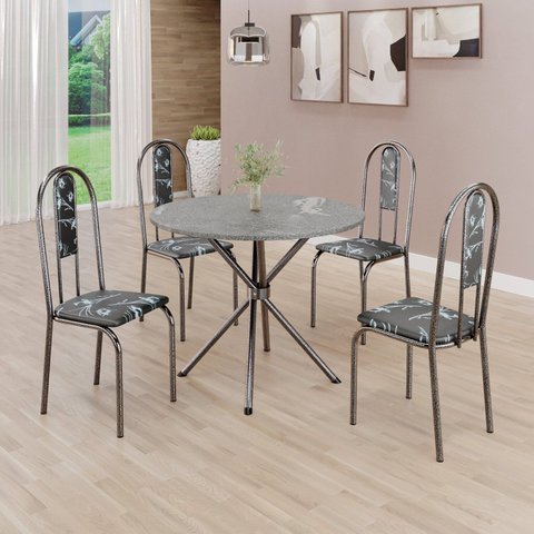 Conjunto Sala de Jantar Mesa Redonda 70cm Tampo Granito Topázio 4 Cadeiras Linda Yescasa Prata/Preto Floral